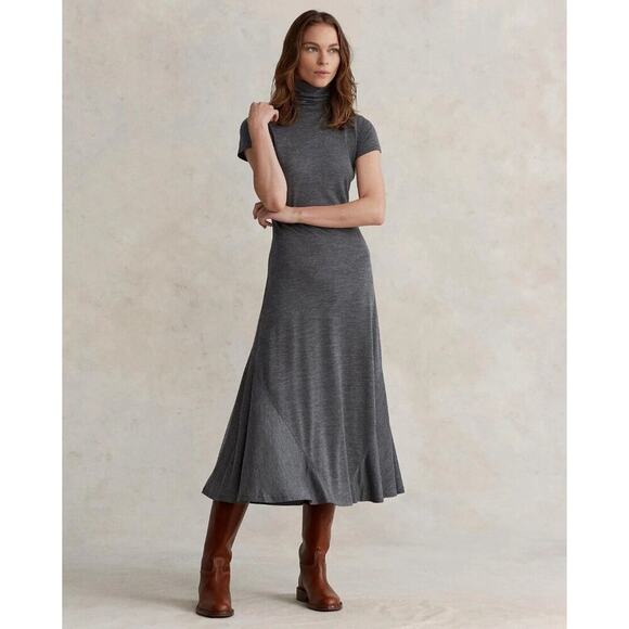 Ralph Lauren Turtleneck Midi Dress Wool Gray Jersey Short Sleeve Roll Neck XS - Picture 1 of 16